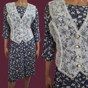 Vintage 90s Floral Midi Dress Lace Vest One Piece Blue Cottagecore Modest S